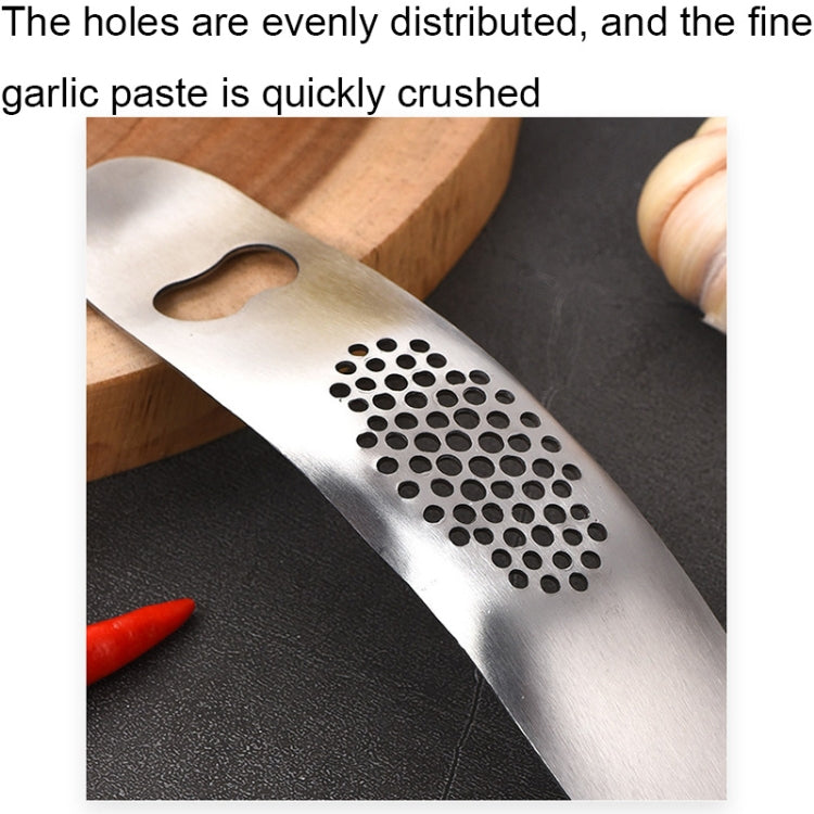 A 430 stainless steel boat shaped garlic grinder, showcasing its sleek design and evenly distributed holes for efficient garlic pressing.