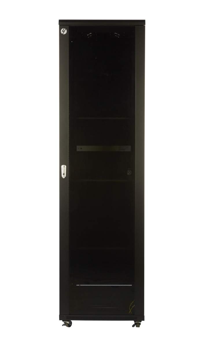 A sturdy 45RU server rack, 600mm wide and 600mm deep, featuring a lockable glass front door and cold-rolled steel construction.