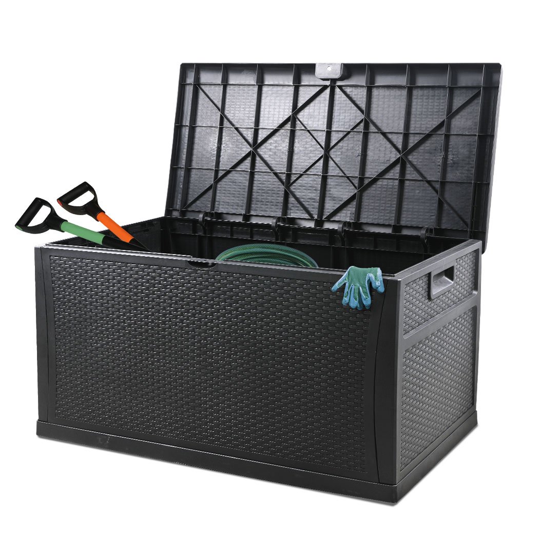 460L Outdoor Storage Box in black with rattan weave design, showcasing spacious storage and portability features.