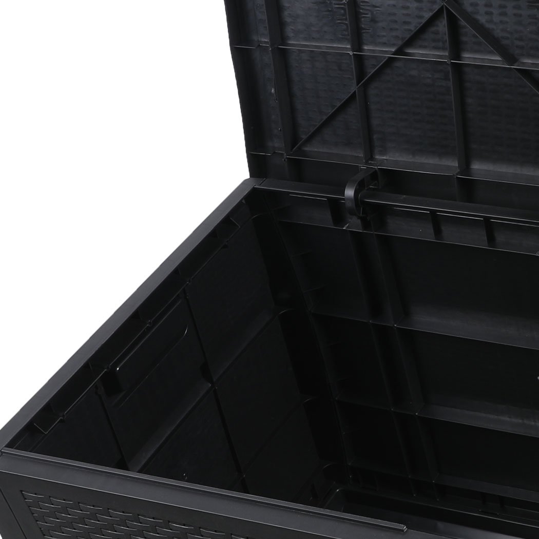 460L Outdoor Storage Box in black with rattan weave design, showcasing spacious storage and portability features.