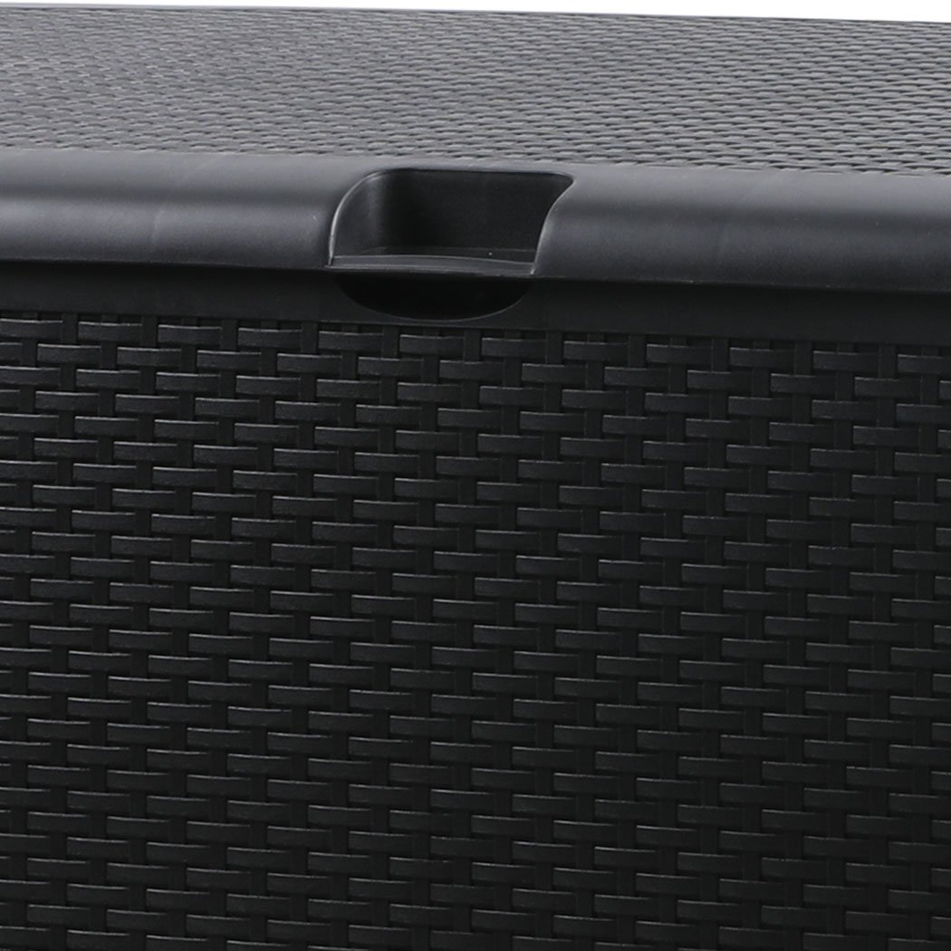460L Outdoor Storage Box in black with rattan weave design, showcasing spacious storage and portability features.