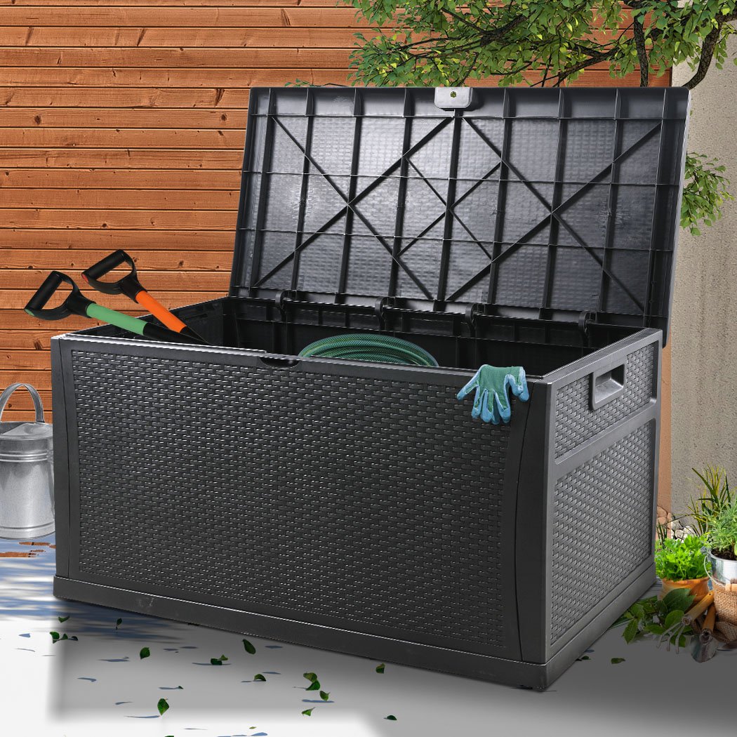460L Outdoor Storage Box in black with rattan weave design, showcasing spacious storage and portability features.