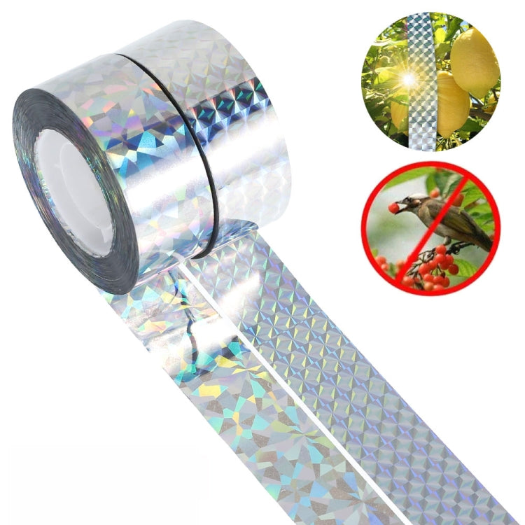 4.8 x 50m double-sided reflective bird repeller ribbon, designed to deter birds with colorful laser patterns and metallic sound.