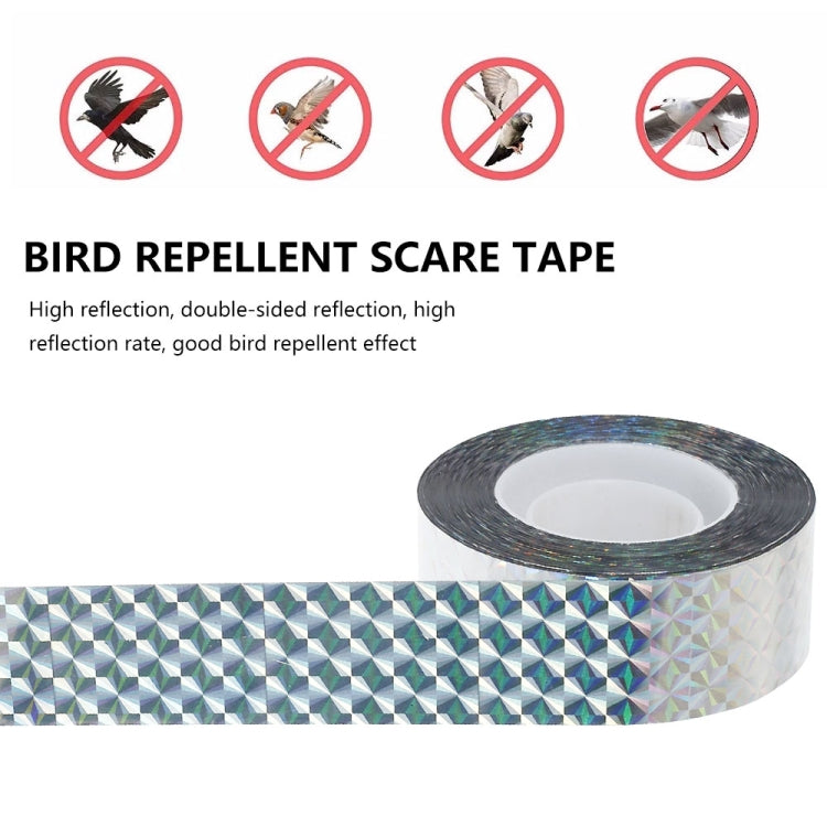 4.8 x 50m double-sided reflective bird repeller ribbon, designed to deter birds with colorful laser patterns and metallic sound.
