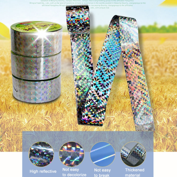4.8 x 50m double-sided reflective bird repeller ribbon, designed to deter birds with colorful laser patterns and metallic sound.