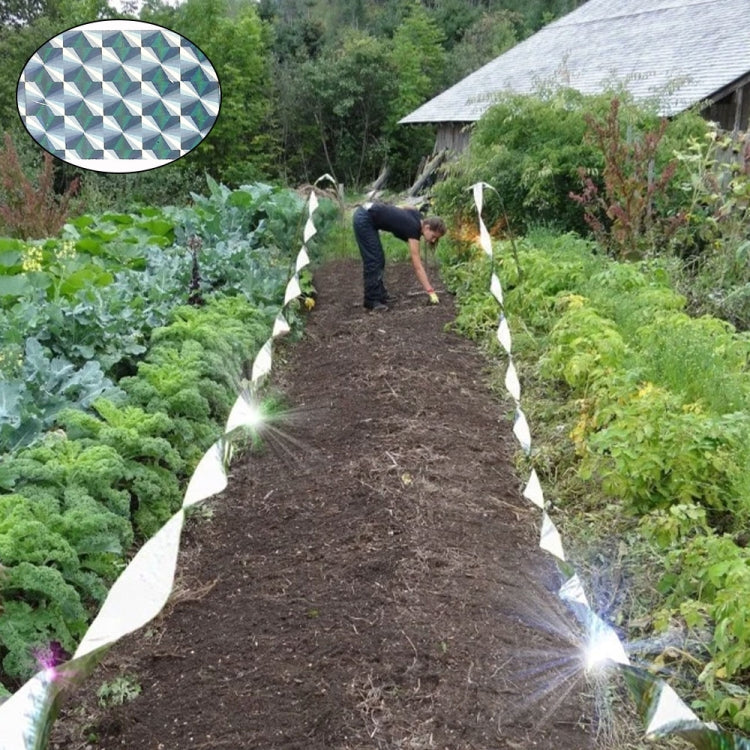 4.8 x 50m double-sided reflective bird repeller ribbon, designed to deter birds with colorful laser patterns and metallic sound.