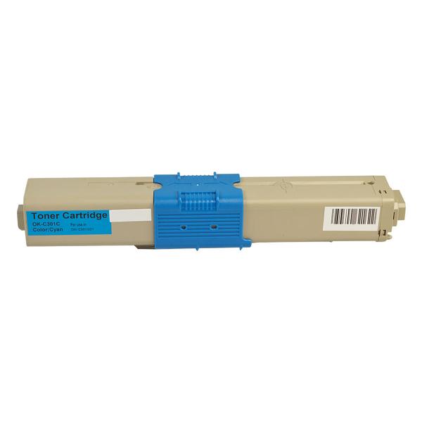 Cyan Premium Remanufactured Toner Cartridge 44973547 #301 for OKI printers, showcasing vibrant color and eco-friendly design.