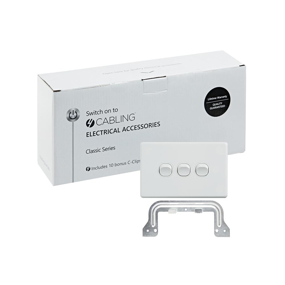 4C Classic 3 Gang Switch 250V 16AX - Horizontal in white, showcasing its sleek design and included C-Clips.
