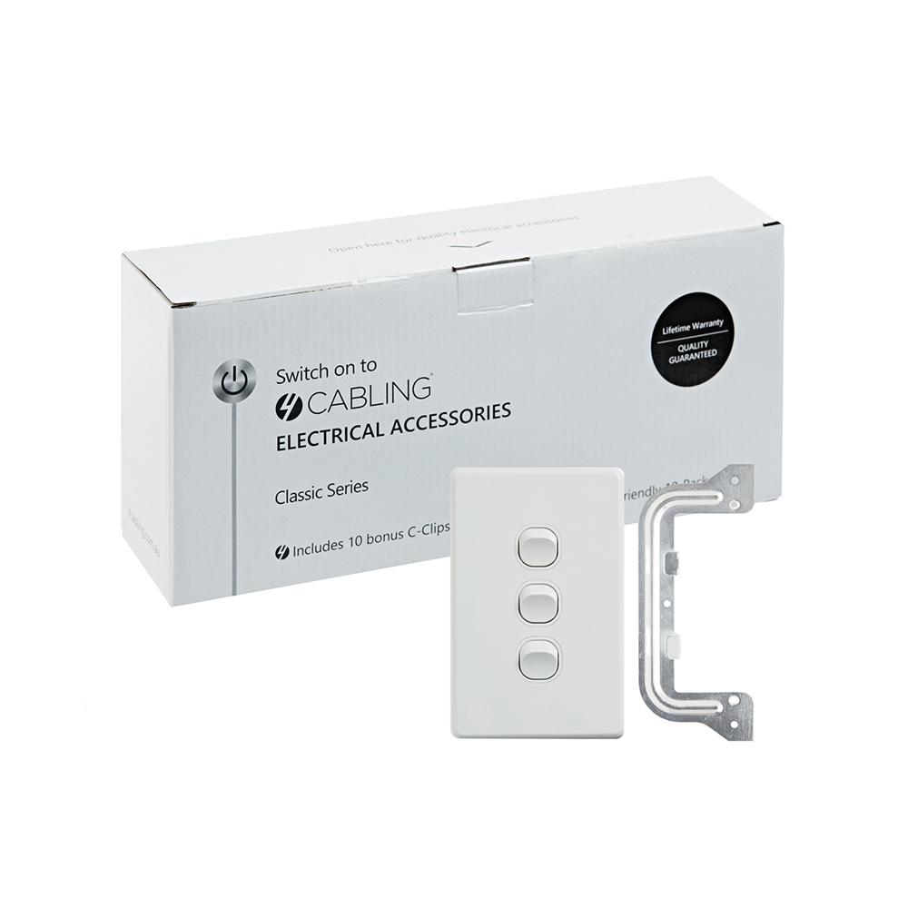 4C Classic 3 Gang Switch 250V 16AX in vertical orientation, white color, with 10 FREE C-Clips included in the pack.