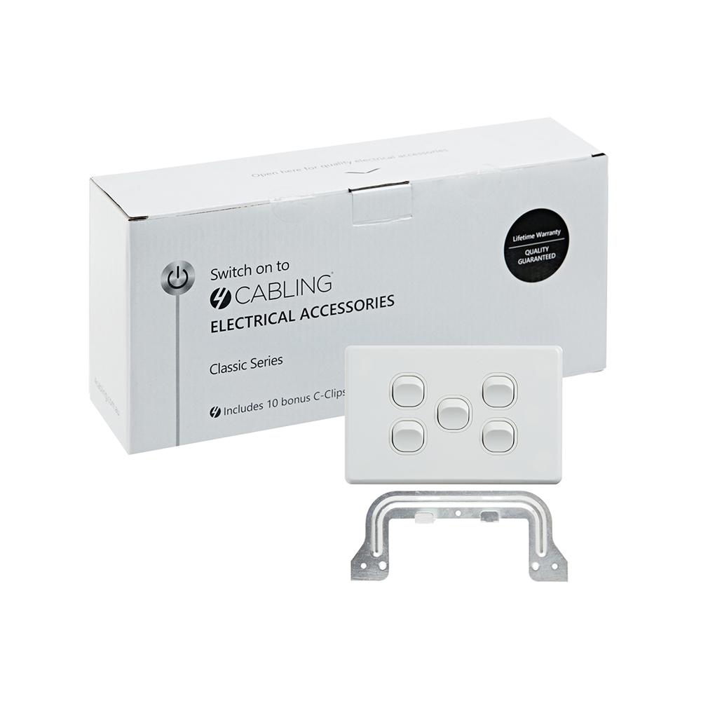 4C Classic 5 Gang Switch 250V 16AX in horizontal orientation, packaged in a 10 pack with free C-Clips, showcasing its sleek white design.