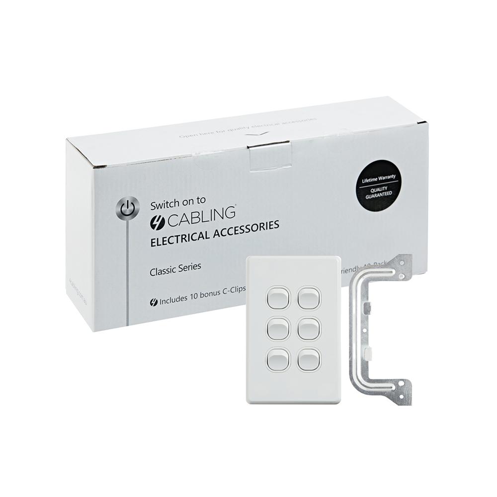 4C Classic 6 Gang Switch 250V 16AX in vertical orientation, white color, packaged in a 10 pack with 10 free C-Clips.