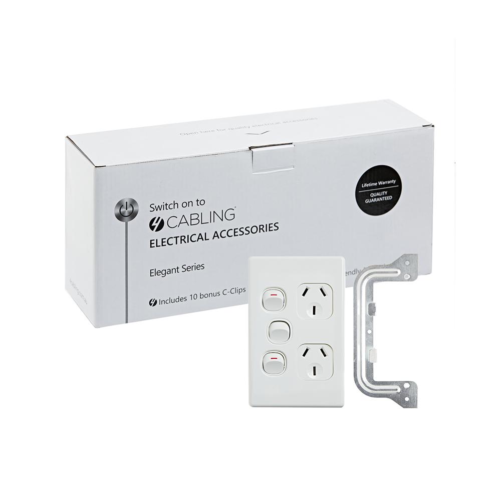 4C Elegant Double Power Point 250V 10A with Extra Switch in white, showcasing its slimline vertical design and included C-Clips.