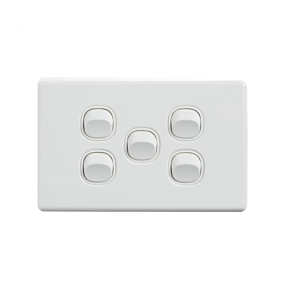 4C Elegant Wall Switch 5 Gang in white, showcasing a horizontal design, perfect for modern interiors.