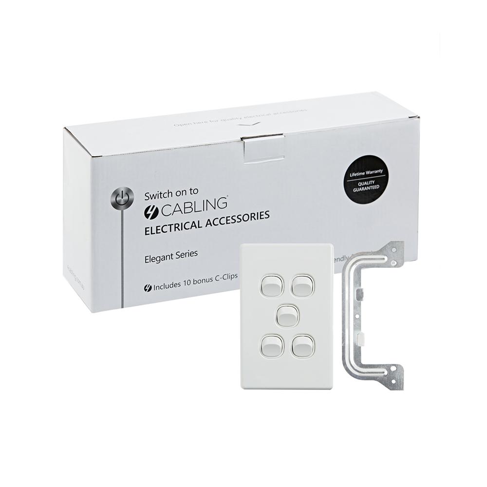 4C Elegant Wall Switch 5 Gang in white, vertical design, showcasing its sleek and modern appearance.