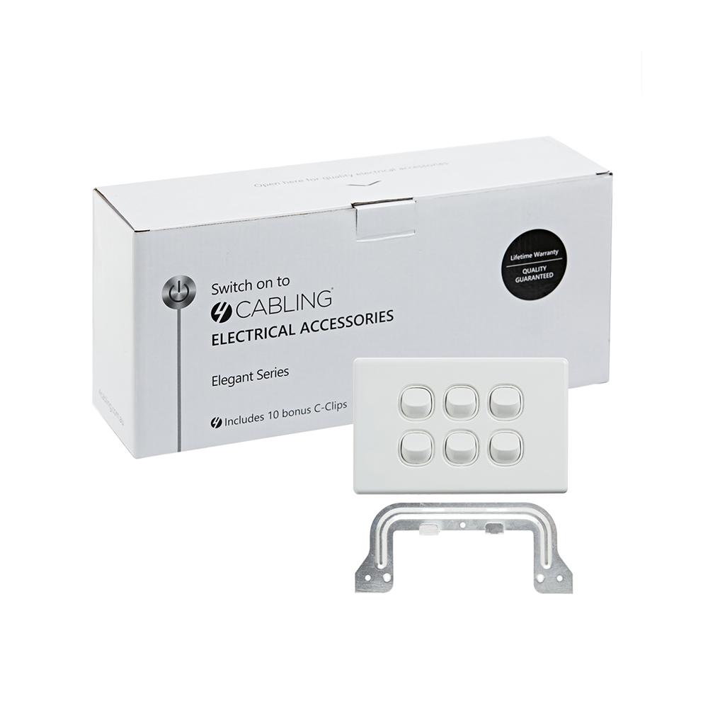 4C Elegant Wall Switch 6 Gang 250V 16A in white, showcasing its sleek horizontal design and included C-Clips.