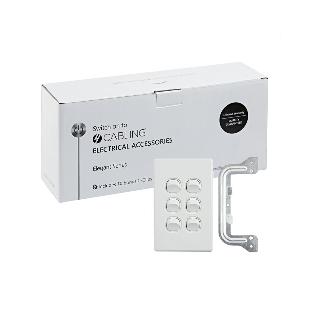 4C Elegant Wall Switch 6 Gang in white, showcasing its sleek vertical design and included C-Clips for installation.