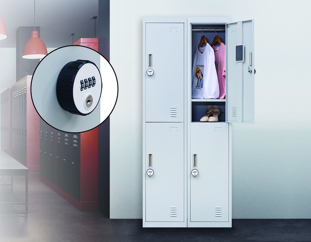 4-Digit Combination Lock 2-Door Vertical Locker in grey, showcasing its sturdy steel construction and secure locking mechanism.