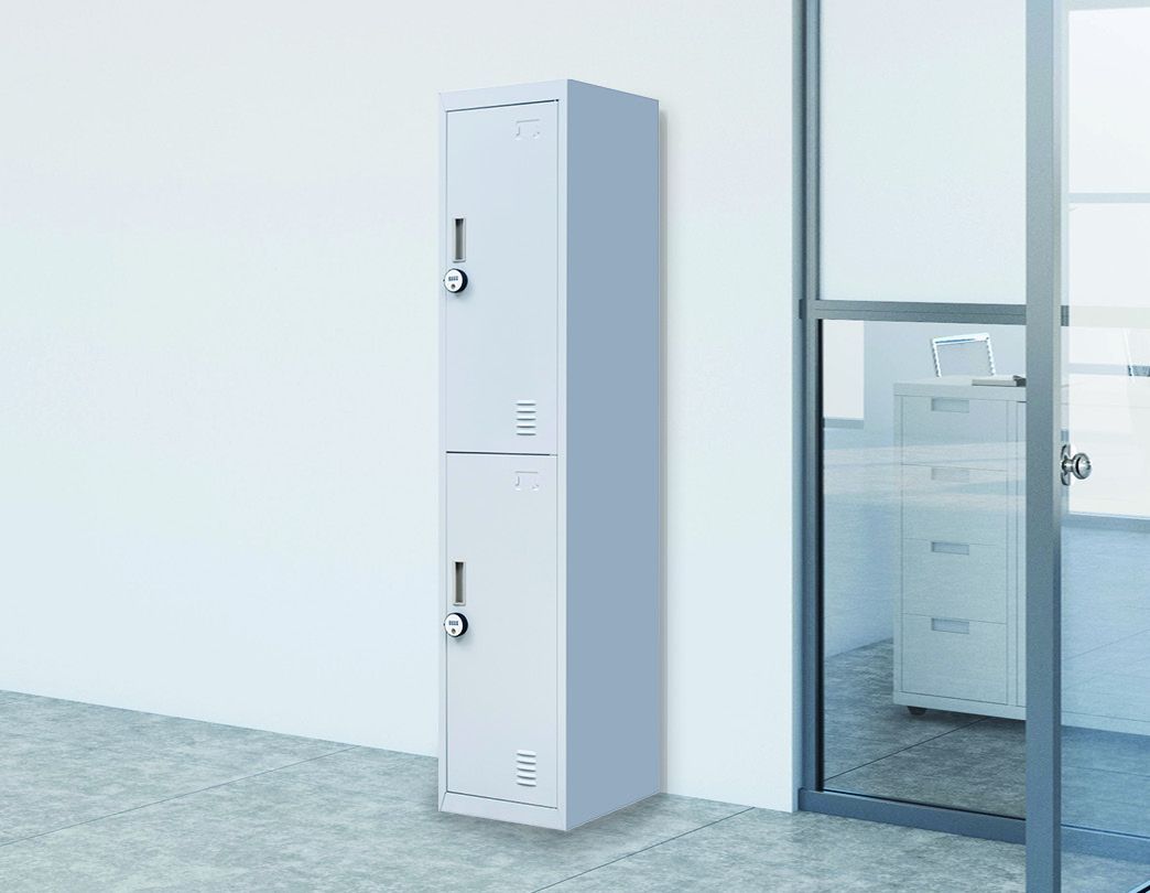 4-Digit Combination Lock 2-Door Vertical Locker in grey, showcasing its sturdy steel construction and secure locking mechanism.