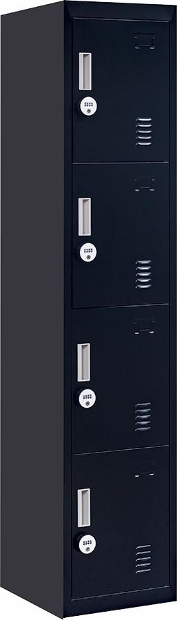 4-digit combination lock 4-door locker in black, featuring four vertically stacked compartments for secure storage.