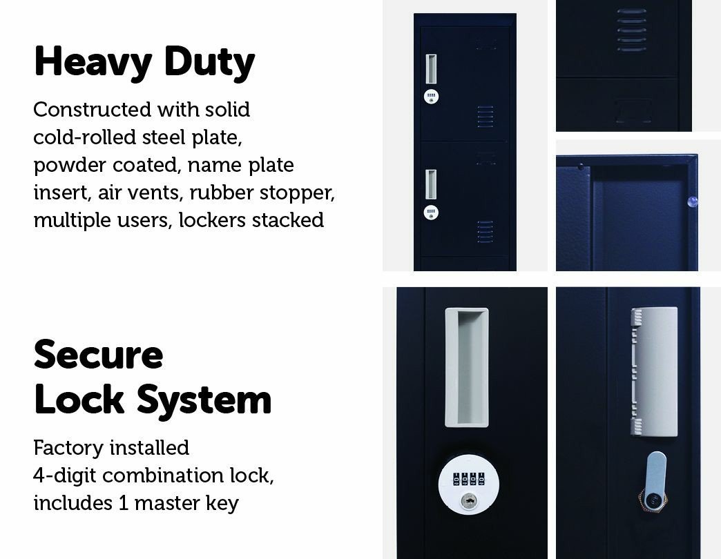 4-digit combination lock 4-door locker in black, featuring four vertically stacked compartments for secure storage.