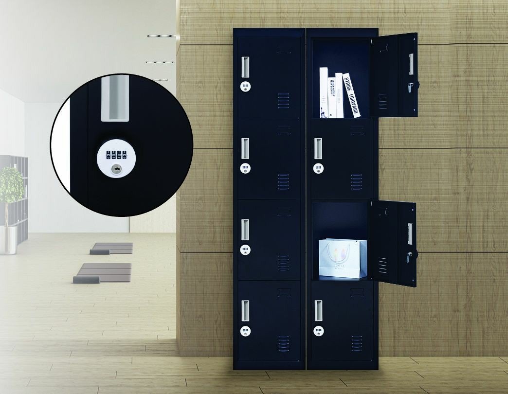4-digit combination lock 4-door locker in black, featuring four vertically stacked compartments for secure storage.