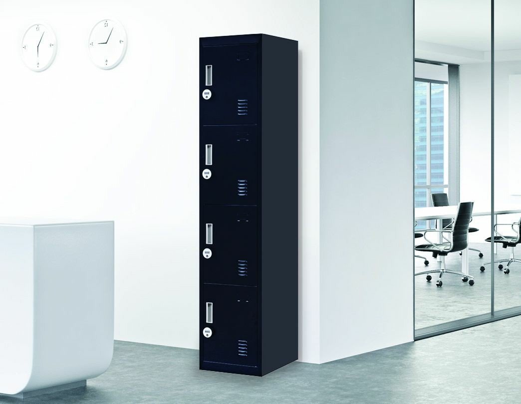 4-digit combination lock 4-door locker in black, featuring four vertically stacked compartments for secure storage.