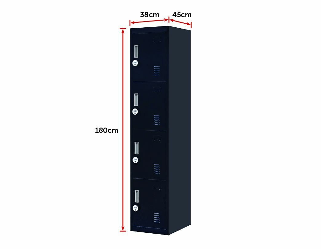 4-digit combination lock 4-door locker in black, featuring four vertically stacked compartments for secure storage.