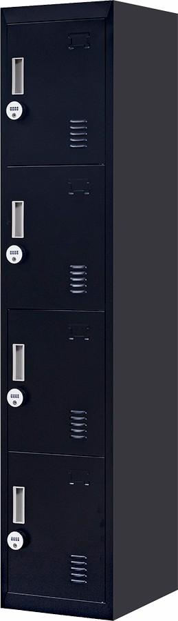 4-digit combination lock 4-door locker in black, featuring four vertically stacked compartments for secure storage.