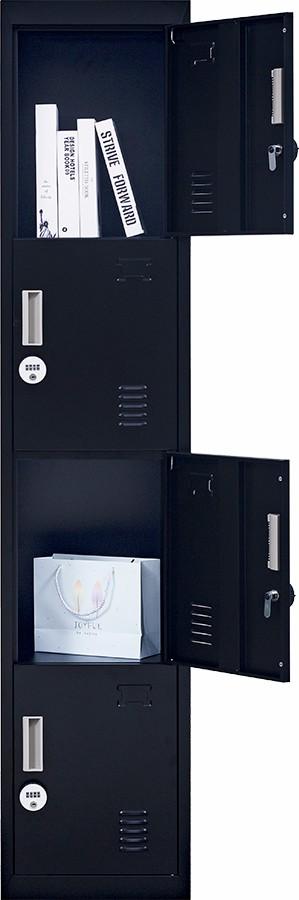 4-digit combination lock 4-door locker in black, featuring four vertically stacked compartments for secure storage.