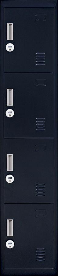 4-digit combination lock 4-door locker in black, featuring four vertically stacked compartments for secure storage.
