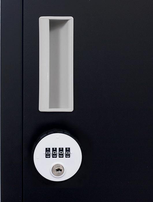 4-digit combination lock 4-door locker in black, featuring four vertically stacked compartments for secure storage.