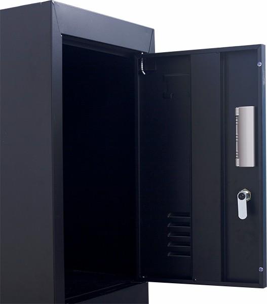 4-digit combination lock 4-door locker in black, featuring four vertically stacked compartments for secure storage.