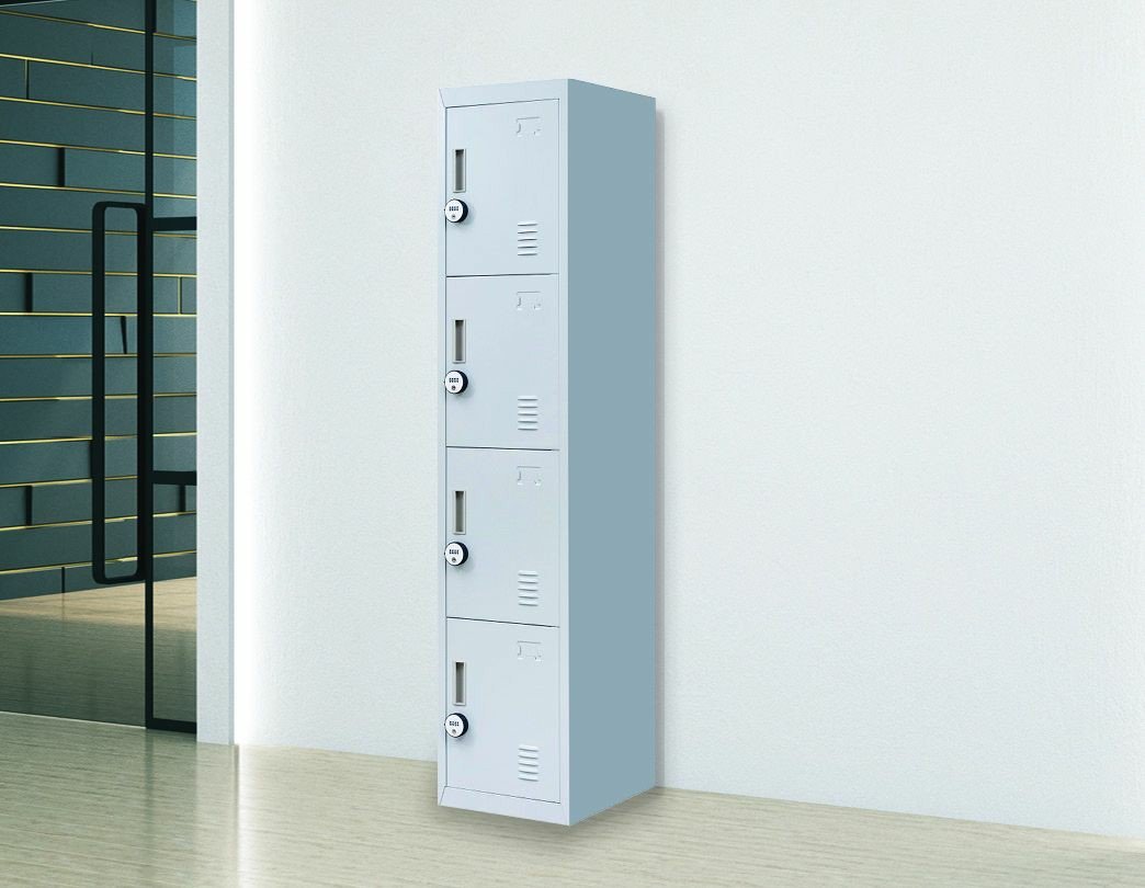 4-Digit Combination Lock 4 Door Locker in grey, featuring four stacked compartments and a secure locking mechanism.
