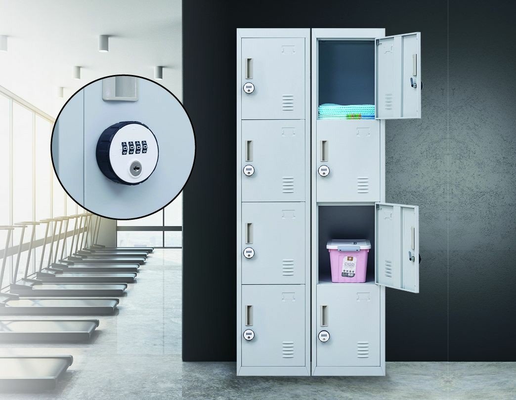 4-Digit Combination Lock 4 Door Locker in grey, featuring four stacked compartments and a secure locking mechanism.