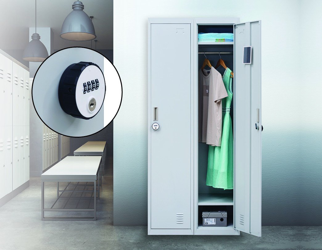 4-Digit Combination Lock One-Door Clothing Locker in grey, featuring a sturdy design with ventilation and a clothing rod.