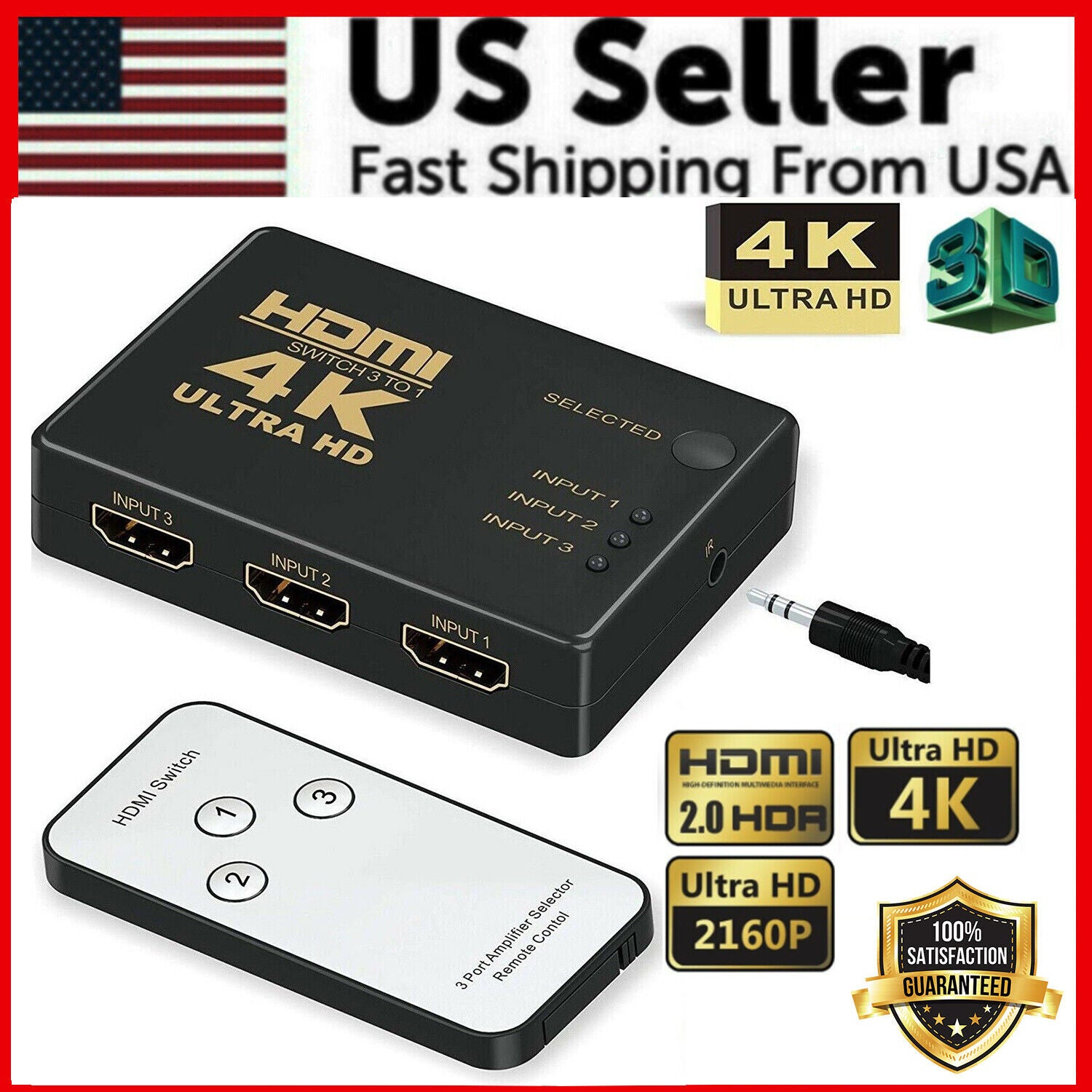4K HDMI 2.0 Cable Splitter Switcher Box Hub with IR Remote Control, showcasing multiple HDMI ports and sleek design.