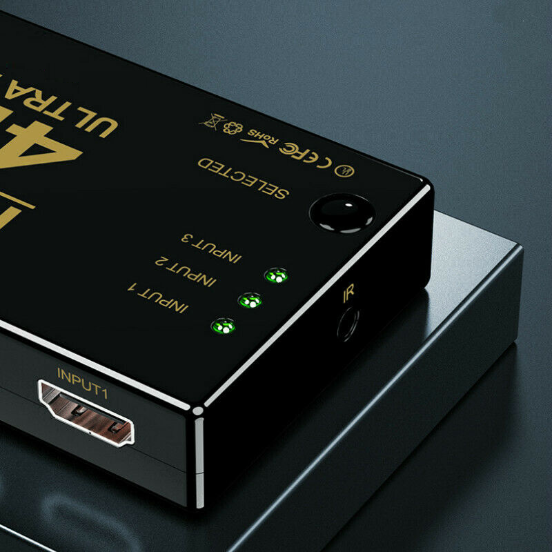 4K HDMI 2.0 Cable Splitter Switcher Box Hub with IR Remote Control, showcasing multiple HDMI ports and sleek design.