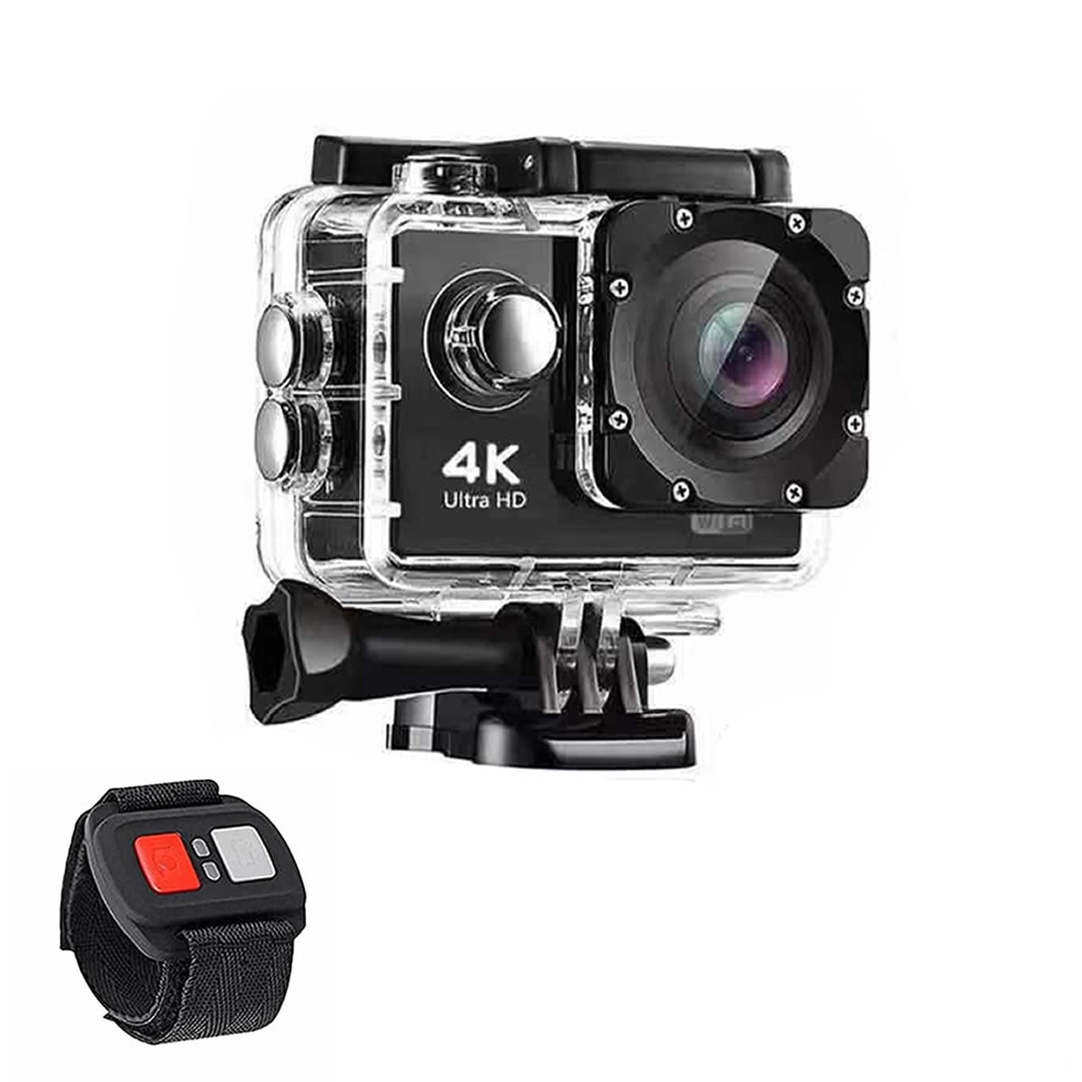 4K Waterproof All Digital UHD WiFi Camera with RF remote and accessories, showcasing its compact design and rugged features for outdoor adventures.