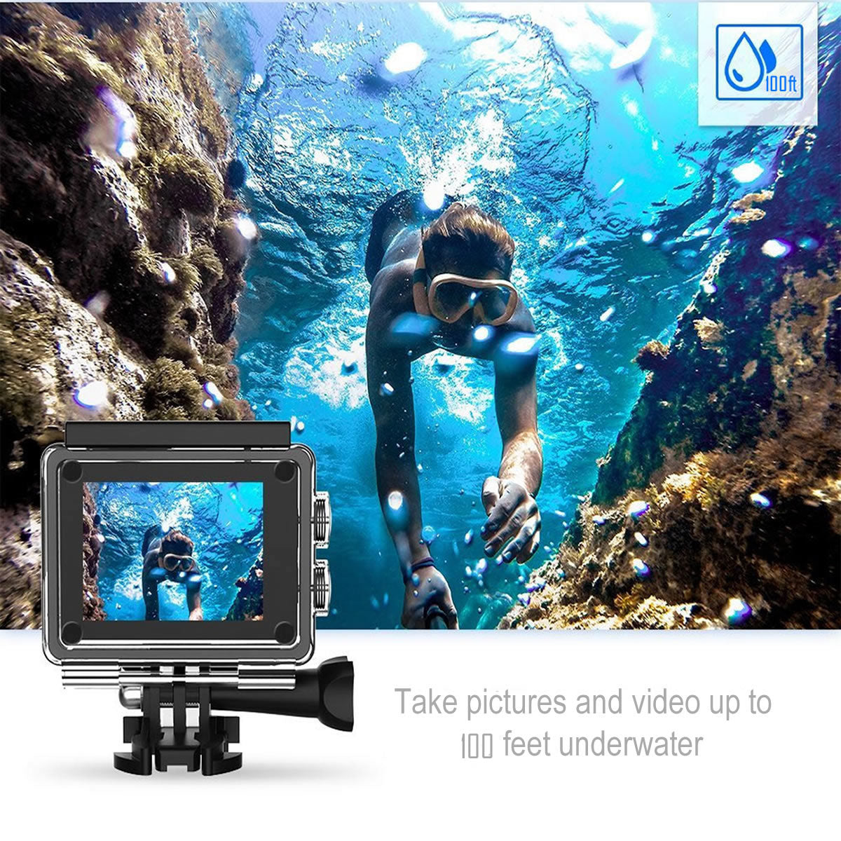4K Waterproof All Digital UHD WiFi Camera with RF remote and accessories, showcasing its compact design and rugged features for outdoor adventures.