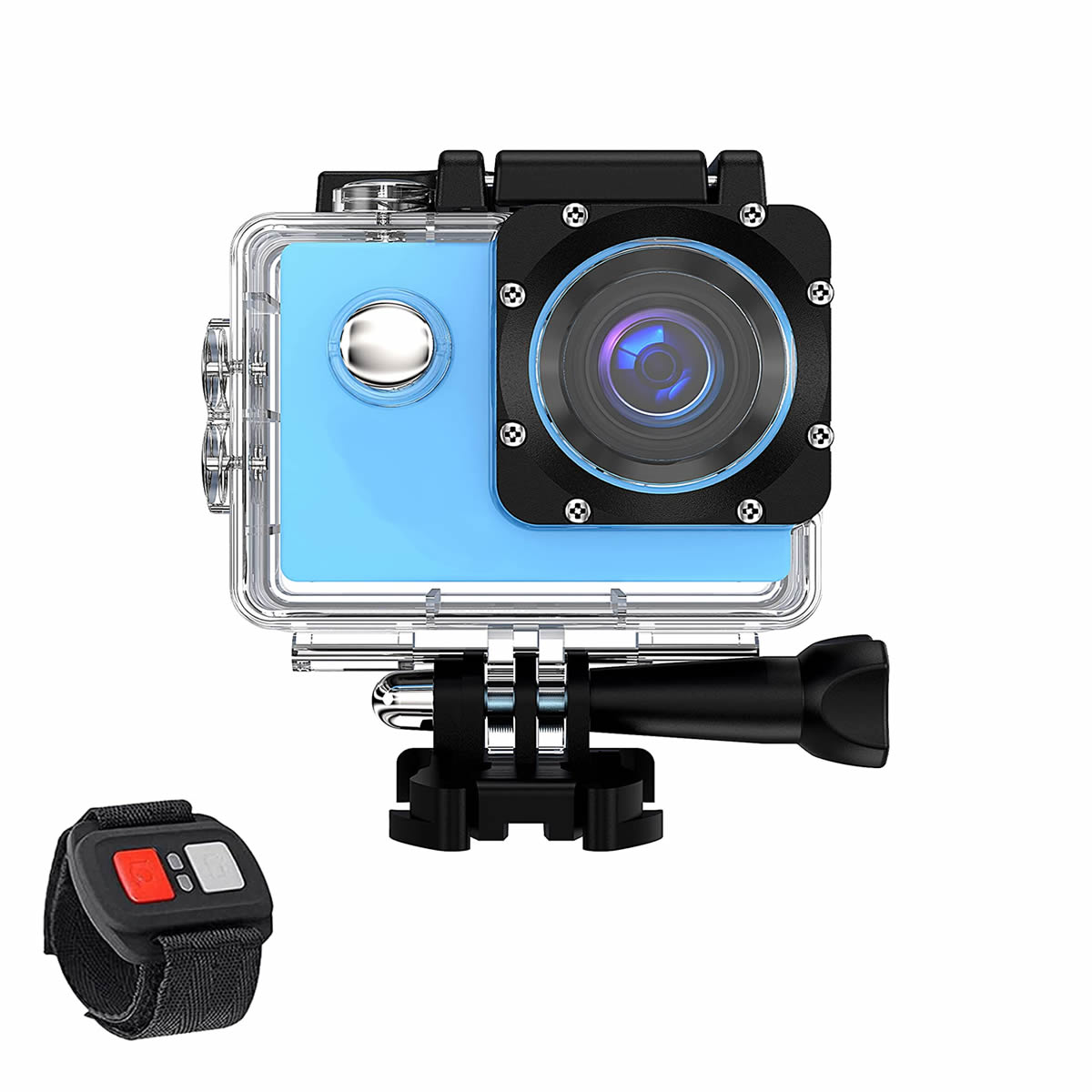 4K Waterproof All Digital UHD WiFi Camera with RF remote and accessories, showcasing its compact design and rugged features for outdoor adventures.