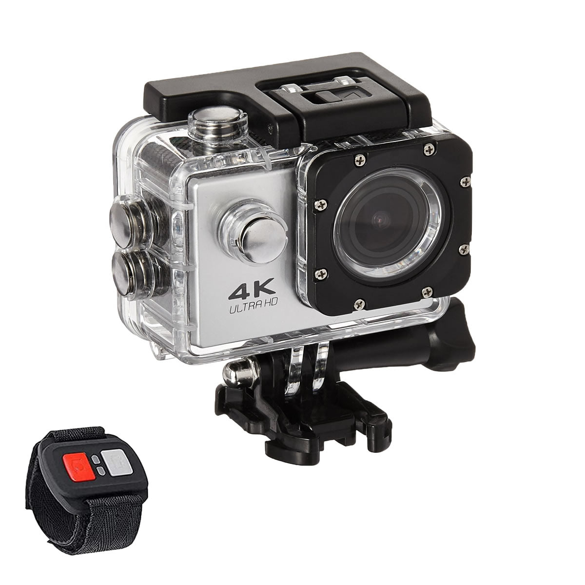 4K Waterproof All Digital UHD WiFi Camera with RF remote and accessories, showcasing its compact design and rugged features for outdoor adventures.