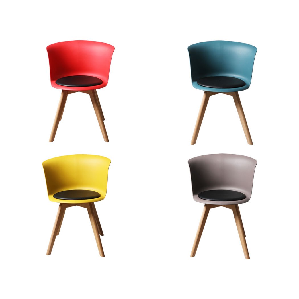 A stylish set of four office meeting chairs with PU leather seats in various colors, showcasing ergonomic design and sturdy beech wood legs.