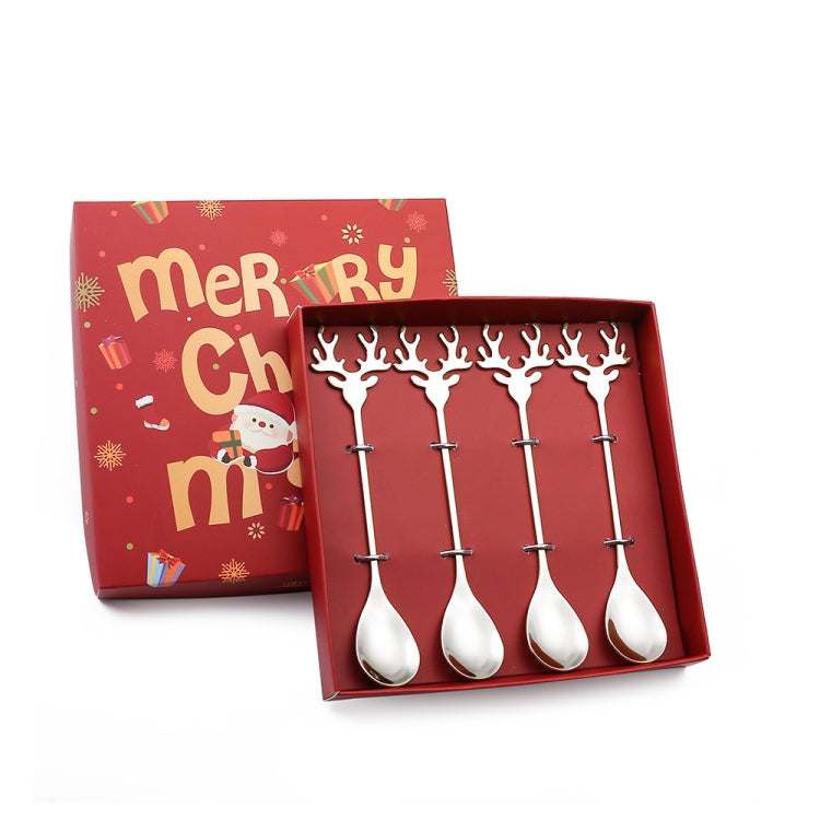 Four Christmas-themed stainless steel stirring spoons with deer design, perfect for holiday coffee and decorations.