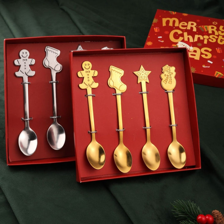 4pcs Christmas stainless steel spoon set featuring festive designs including snowman, stocking, star, and gingerbread.
