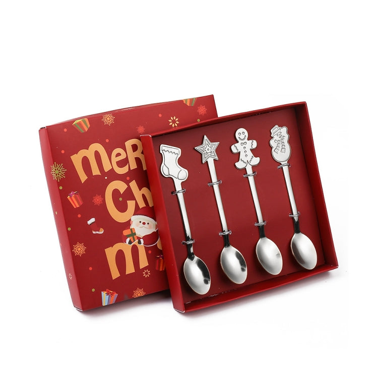 4pcs Christmas stainless steel spoon set featuring festive designs like snowman, stocking, star, and gingerbread, perfect for holiday dining.