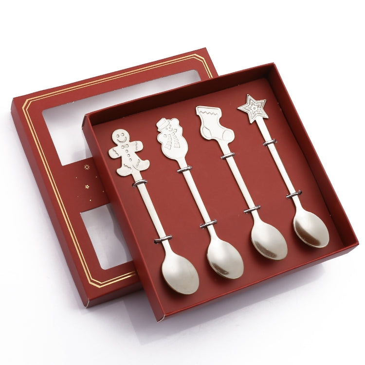 4pcs Christmas stainless steel spoon set with festive designs including snowman, stocking, star, and gingerbread.