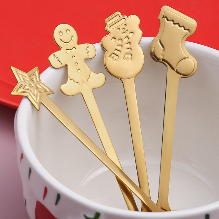 4pcs Christmas stainless steel spoon set with festive designs including snowman, stocking, star, and gingerbread.