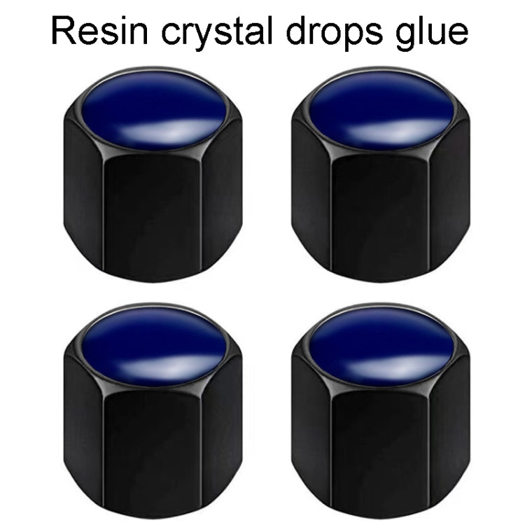 Set of 4 zinc alloy car tire labeling valve covers with resin crystal finish, designed for durability and style.