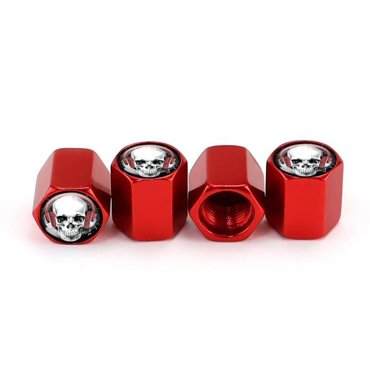 Set of four skeleton design metal tire valve caps made from durable aluminum alloy, showcasing a stylish and functional accessory for vehicles.