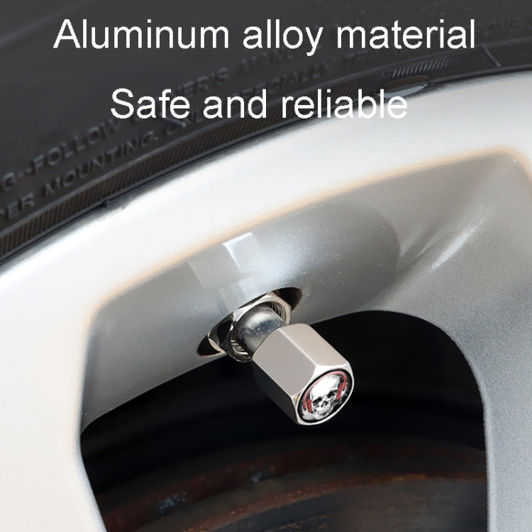 Set of four skeleton design metal tire valve caps made from durable aluminum alloy, showcasing a stylish and functional accessory for vehicles.